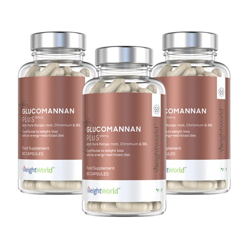 Glucomannan Plus - 3x60 Glucomannan Kapsler - 3000 mg - Vitamin B6 & Chrome - Vægtkontrol - Vandopløseligt Fibertilskud - 10 Dages Program - Vegansk